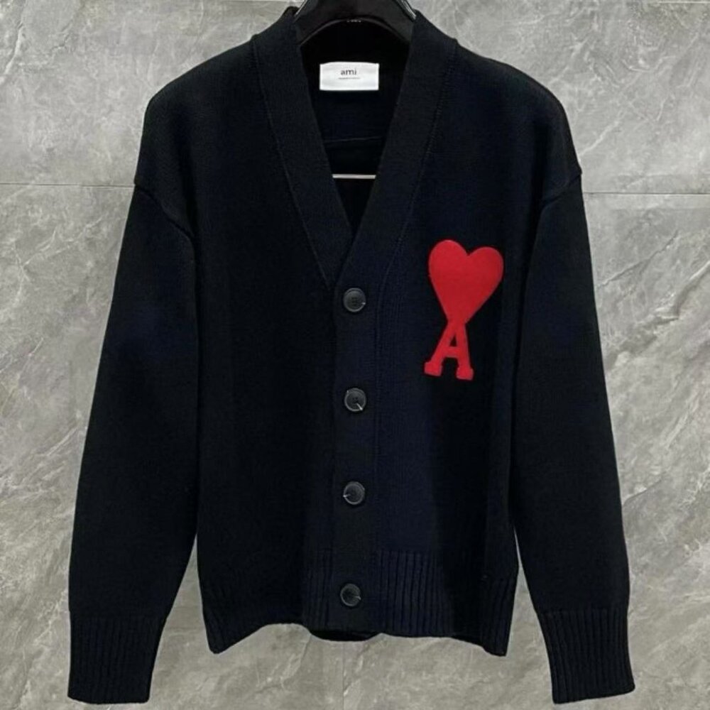 AMIPARIS FW22 Heart Logo Red Tag Wool Cardigan Sweater